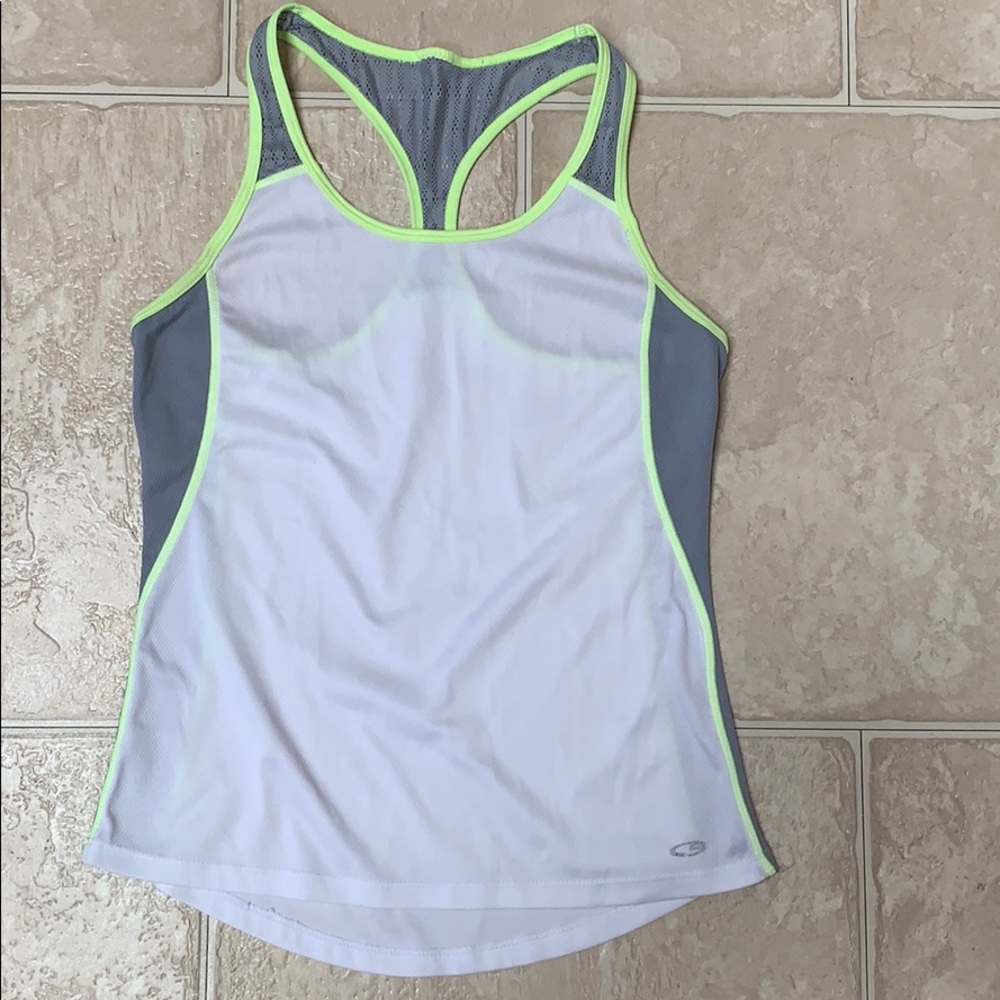 White, gray, and yellow CG workout tank